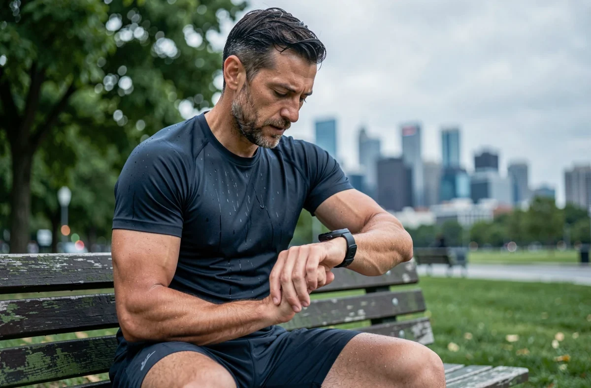 Homme sportif vérifiant sa montre connectée après une course dans un parc urbain