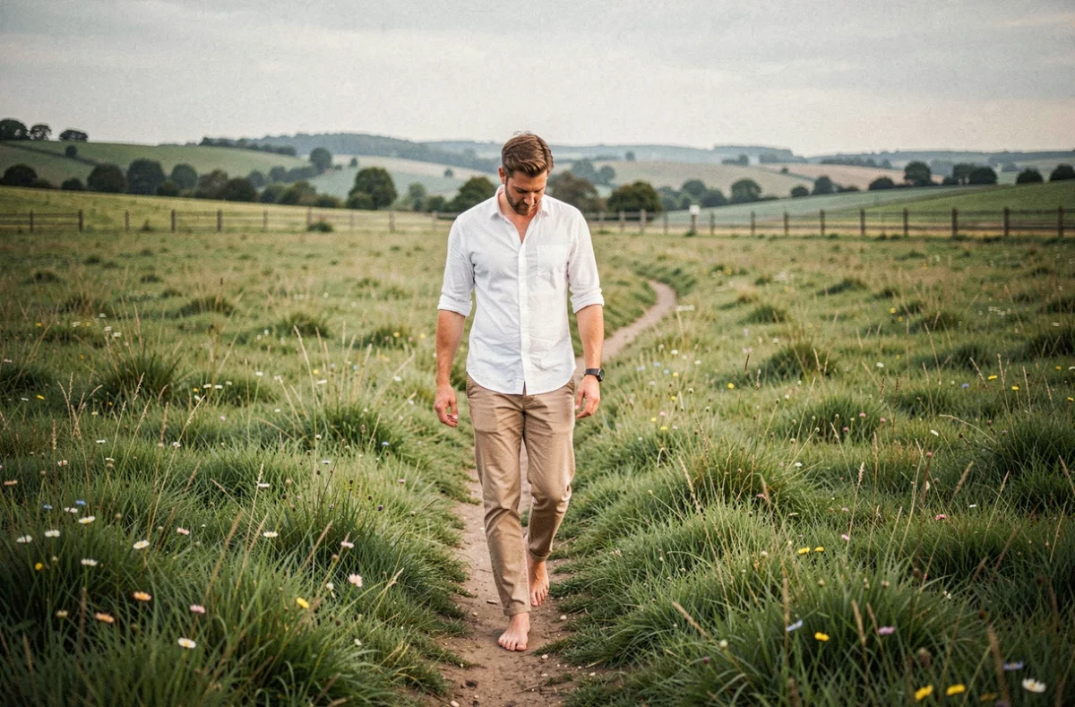 Homme se promenant sans hâte dans un pré verdoyant, illustrant le mode de vie slow living en pleine nature