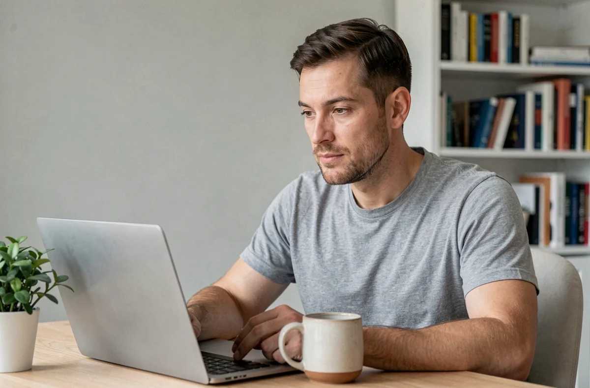 Homme concentré lisant sur son ordinateur portable à son bureau, représentant la recherche personnelle sur l'allosexualité et l'identité sexuelle