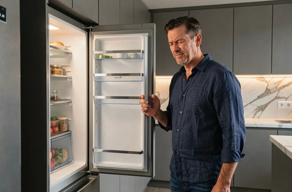 Homme regardant l'intérieur de son réfrigérateur ouvert avec une expression pensive, cherchant comment exprimer son appétit