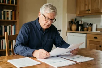 Homme retraité de 65 ans consultant ses documents de retraite pour comprendre ses droits à la surcote