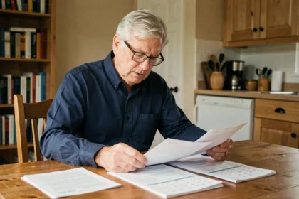 Homme retraité de 65 ans consultant ses documents de retraite pour comprendre ses droits à la surcote