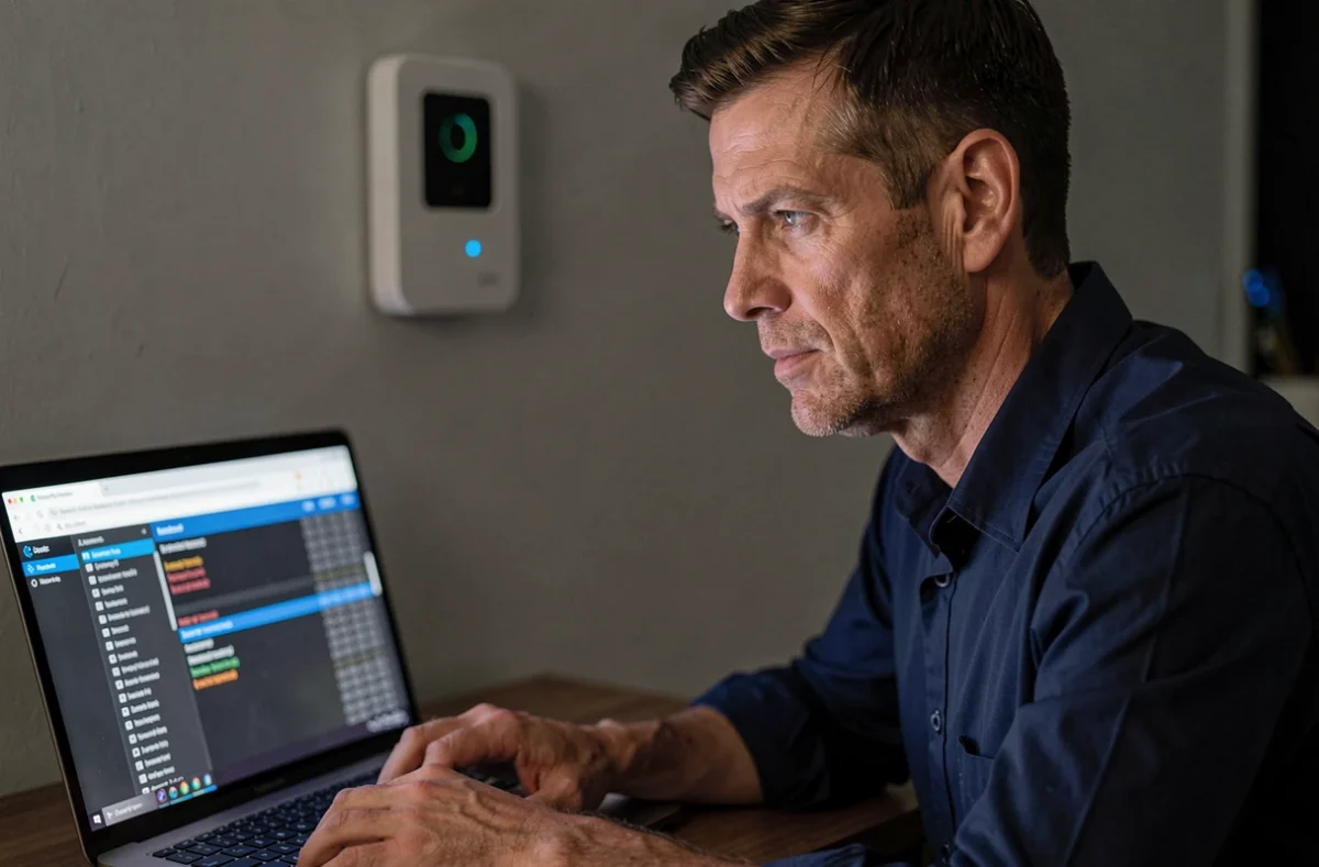 Homme analysant la sécurité de son réseau domestique face à des appareils intelligents connectés