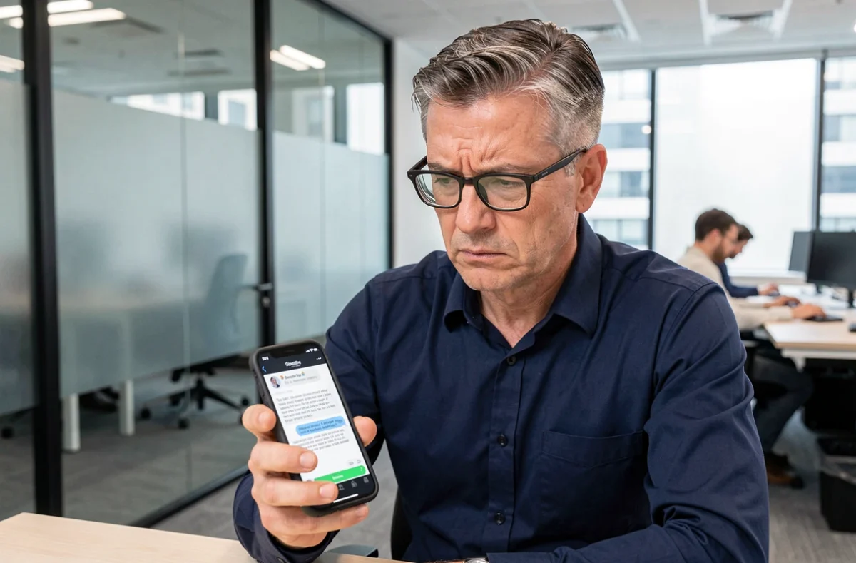 Homme d'affaires recevant un SMS frauduleux dans un bureau moderne, représentant une arnaque par hameçonnage mobile
