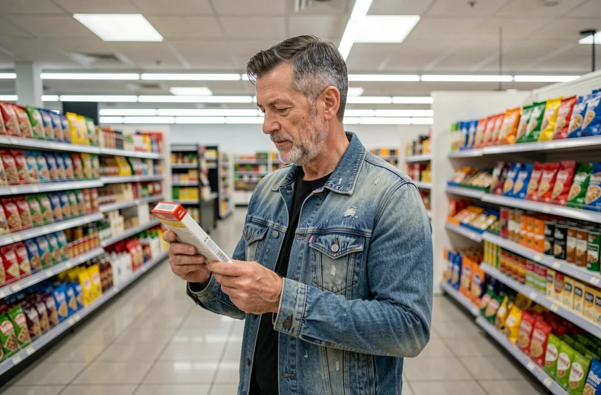 Homme dans un supermarché adoptant une relation apaisée avec la nourriture sans restriction dans le cadre de l'alimentation intuitive