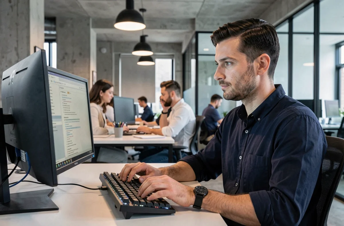 Homme en télétravail dans un espace de coworking moderne avec ordinateur et clavier mécanique