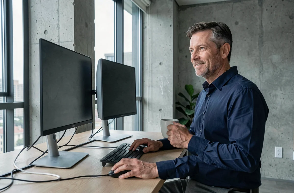 Homme en télétravail avec double écran sur un bureau debout dans un appartement moderne