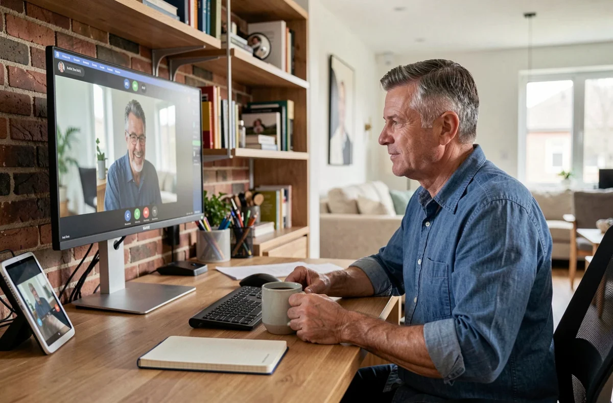 Homme en télétravail en réunion vidéo à son bureau moderne à domicile avec un mug de café à la main