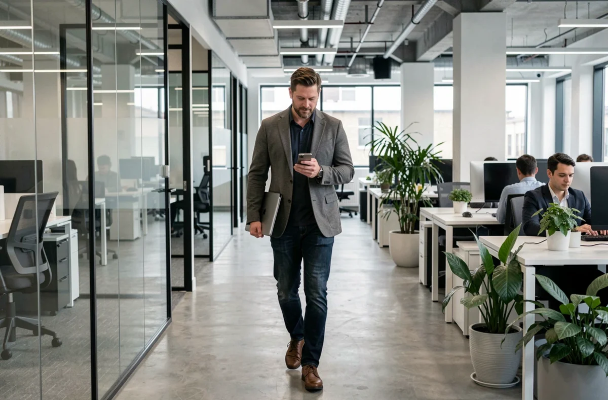 Homme en mode hybride se déplaçant dans un bureau en open space moderne avec ordinateur portable