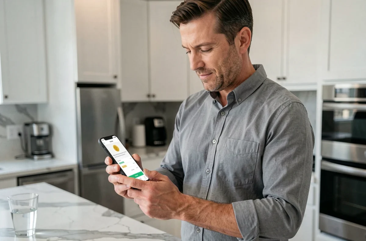 Homme vendant des cryptomonnaies sur son smartphone dans une cuisine moderne, application blockchain sur écran mobile