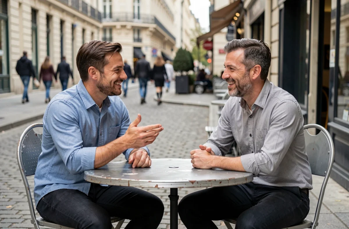 Deux hommes en conversation amicale et détendue à la terrasse d'un café, symbole de relations harmonieuses et de bonne entente