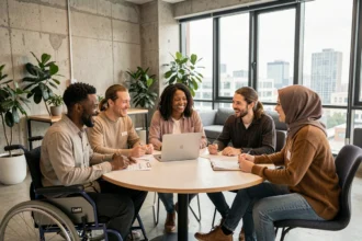 Groupe diversifié de professionnels réunis autour d'une table de réunion dans un bureau moderne, illustrant l'inclusivité en milieu de travail