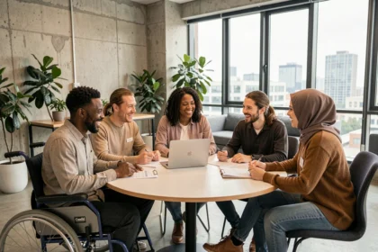 Groupe diversifié de professionnels réunis autour d'une table de réunion dans un bureau moderne, illustrant l'inclusivité en milieu de travail
