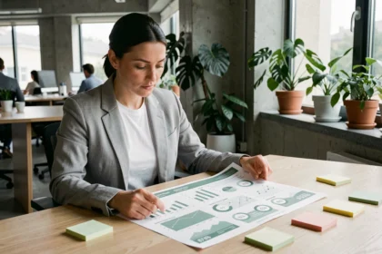 Femme analysant des indicateurs environnementaux du numérique sur un document imprimé dans un bureau moderne