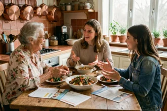 Trois générations de femmes réunies autour d'une table de cuisine en bois, illustrant les influences familiales transmises entre grand-mère, mère et adolescente