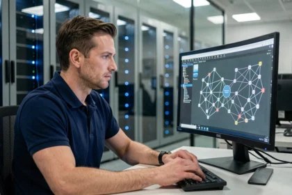 Ingénieur informatique analysant l'architecture d'une blockchain privée sur un écran dans une salle de serveurs sécurisée