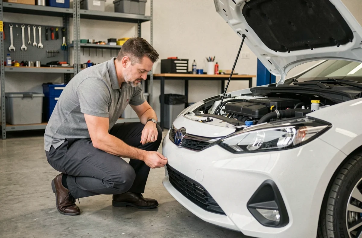 Ingénieur automobile inspectant le moteur thermique d'une voiture hybride dans un atelier