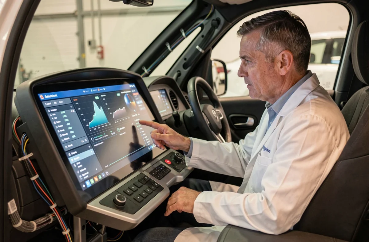 Ingénieur automobile examinant le tableau de bord numérique avancé d'un prototype de véhicule high-tech