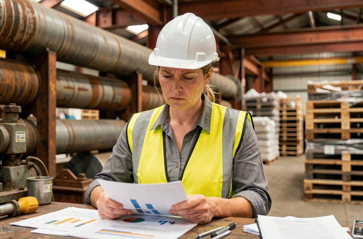 Ingénieure industrielle analysant des documents dans une usine sidérurgique face aux défis économiques du secteur