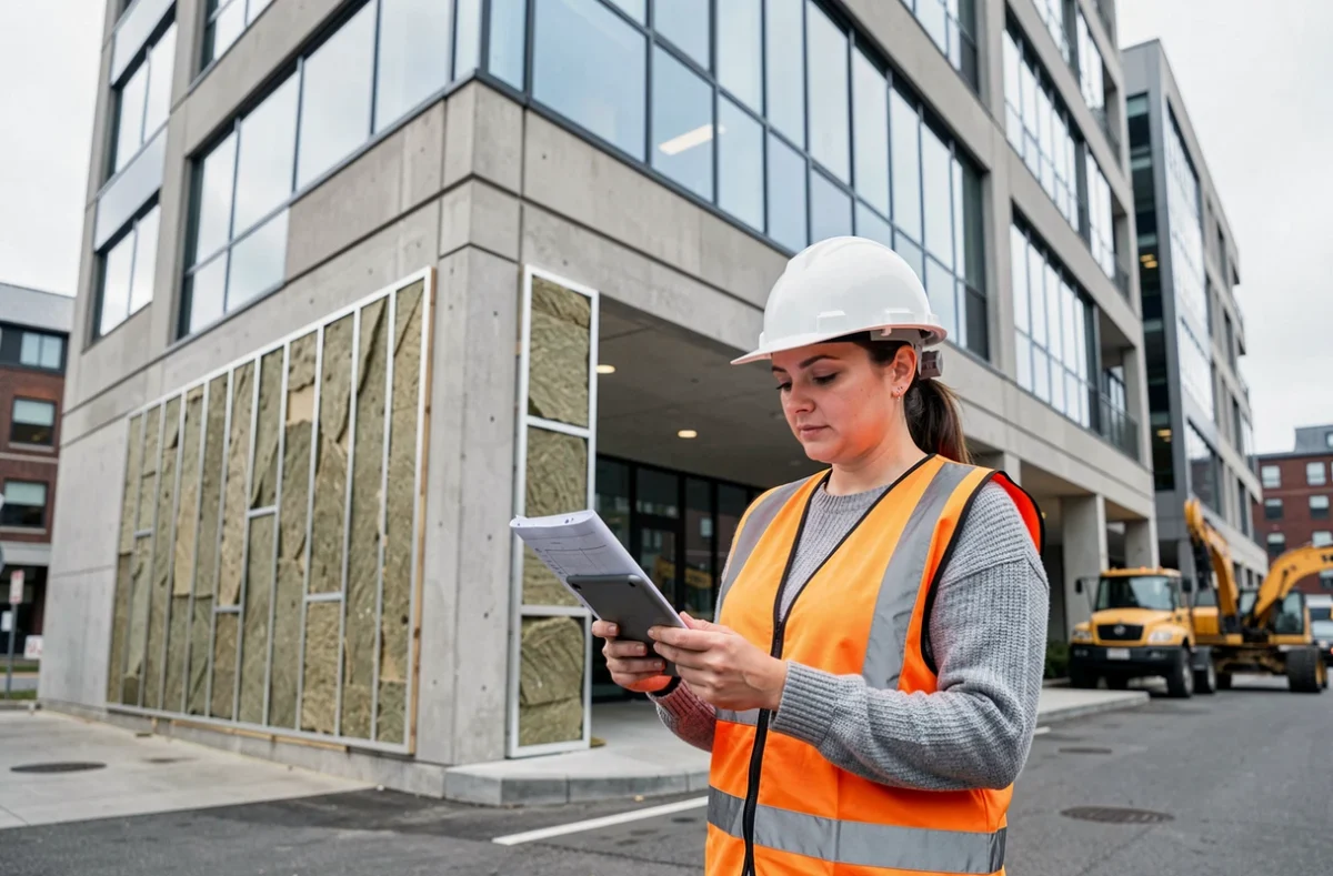 Ingénieure en bâtiment réalisant un diagnostic énergétique sur la façade extérieure d'un immeuble commercial