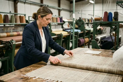 Femme inspectant un tissu dans une usine textile, secteur du textile en France