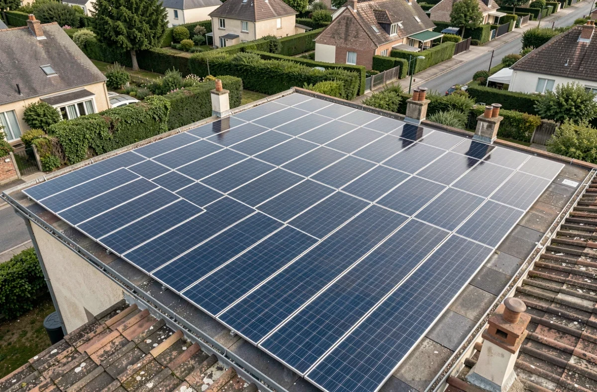 Vue large d'une installation complète de panneaux photovoltaïques sur le toit d'un pavillon dans un quartier résidentiel français