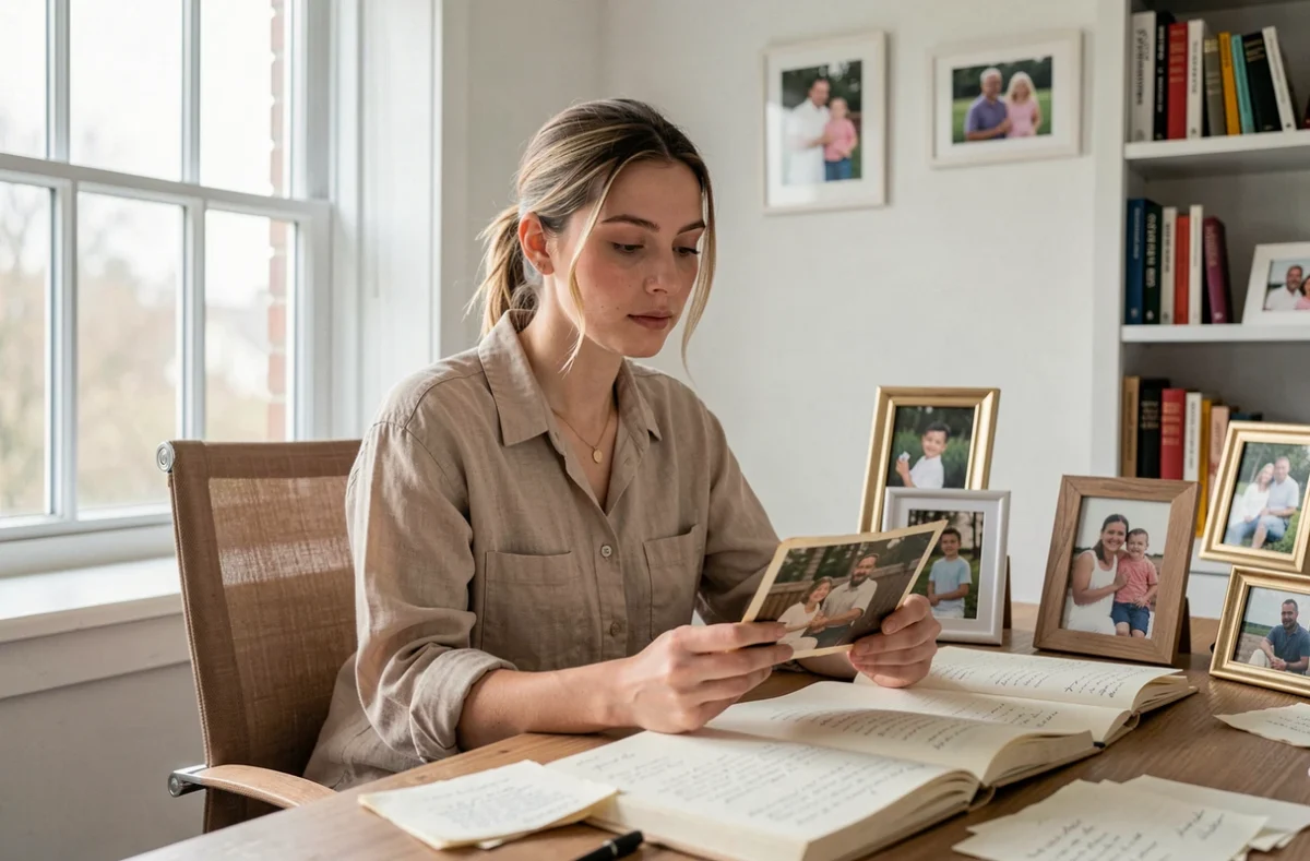 Une jeune femme contemplant une photographie de famille à son bureau, illustrant l'introspection et l'influence des racines familiales sur l'identité individuelle