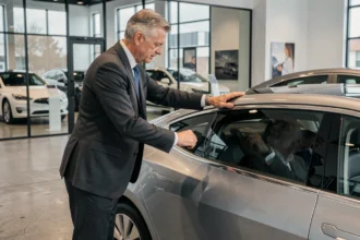 Homme d'affaires en costume examinant une voiture électrique dans une salle d'exposition automobile moderne, illustrant l'investissement dans l'automobile