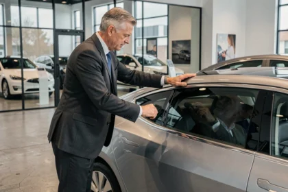 Homme d'affaires en costume examinant une voiture électrique dans une salle d'exposition automobile moderne, illustrant l'investissement dans l'automobile