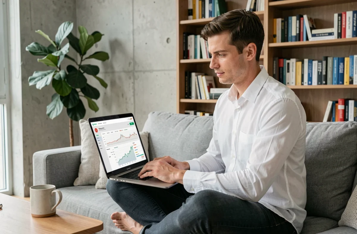 Investisseur particulier consultant son portefeuille d'ETF éthique sur un ordinateur portable chez lui
