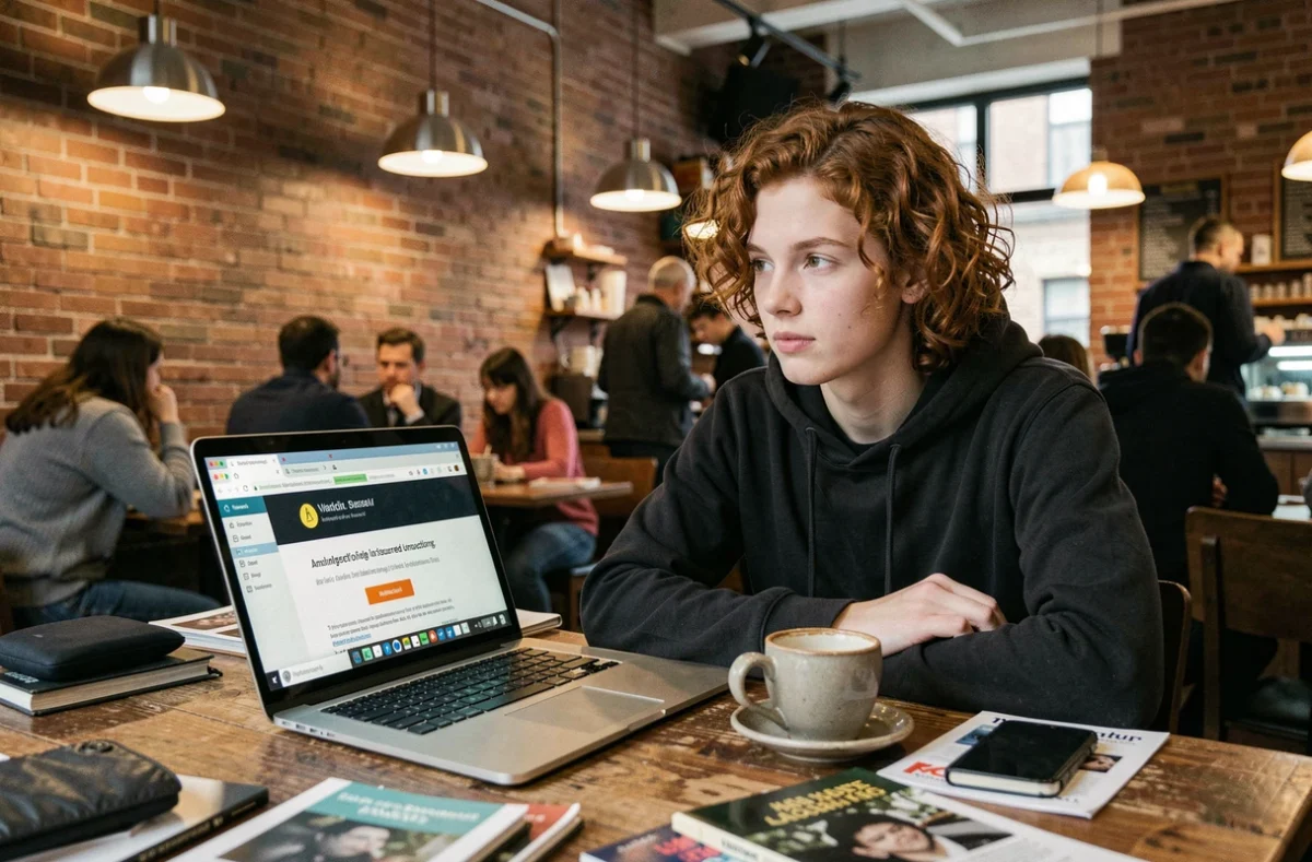 Jeune adulte dans un café face à un avertissement de sécurité sur son ordinateur, évoquant les risques de cybercriminalité en réseau public