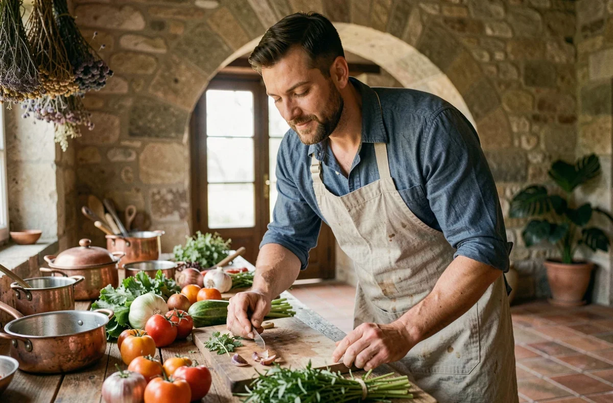 Jeune chef talentueux préparant des légumes frais dans une cuisine campagnarde rustique