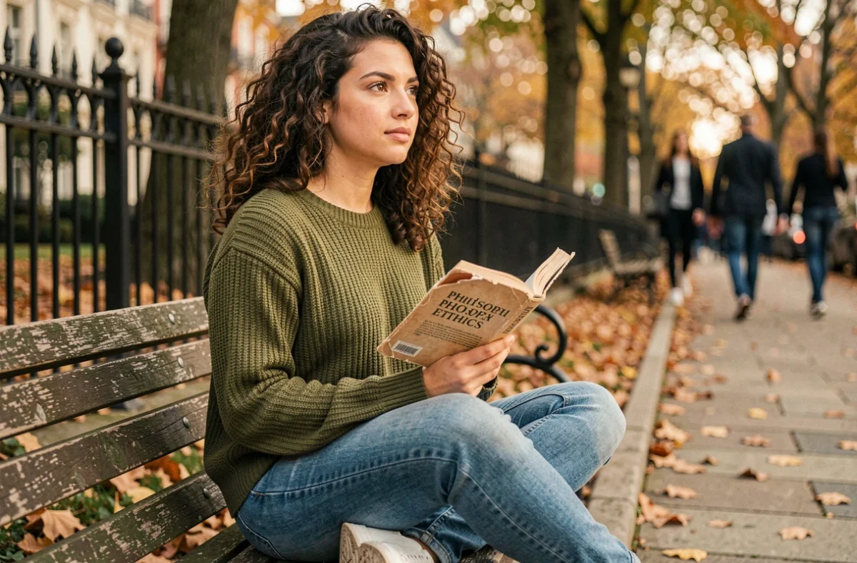 Jeune femme réfléchissant aux questions éthiques en lisant un livre de philosophie dans un parc urbain