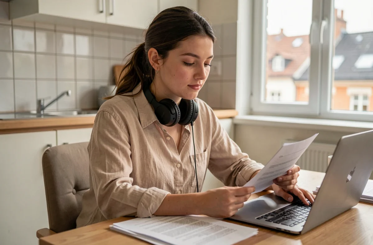 Jeune femme en télétravail à sa table de cuisine dans un appartement urbain avec documents et ordinateur