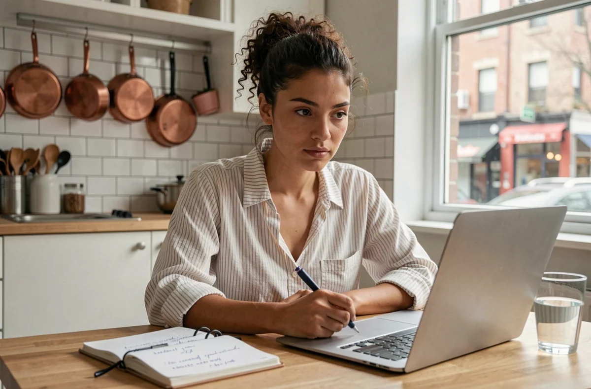 Jeune femme en télétravail à la table de cuisine d'un appartement urbain, prenant des notes dans un agenda à côté d'un ordinateur portable