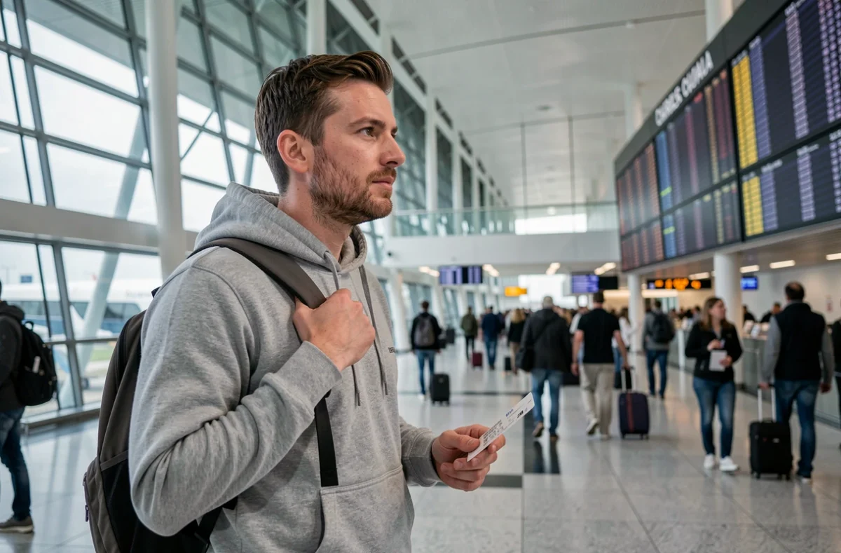 Un jeune Français tenant sa carte d'embarquement dans le terminal de l'aéroport Charles de Gaulle avant d'émigrer à l'étranger