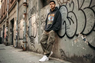 Jeune homme en tenue streetwear oversize devant un mur de graffitis urbains illustrant la culture streetwear