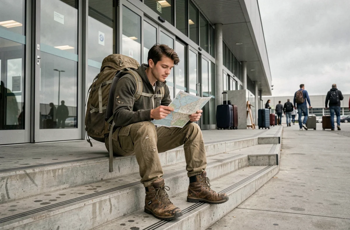 Jeune homme de 20 ans assis sur les marches d'un aéroport avec un grand sac à dos, consultant une carte papier avant son voyage en solo