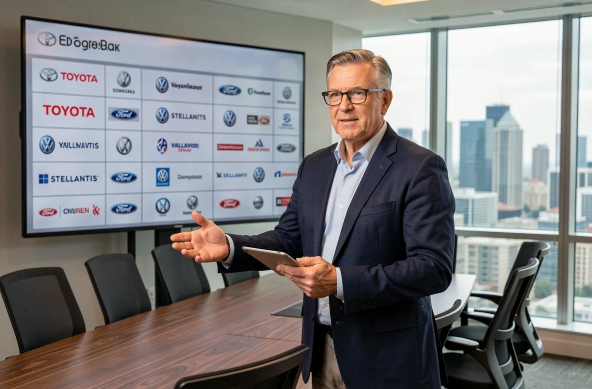 Journaliste automobile présentant un classement des dix premiers constructeurs mondiaux sur un écran digital en salle de conférence