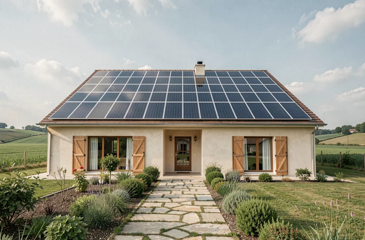 Maison individuelle en zone semi-rurale française équipée de panneaux solaires photovoltaïques sur toiture orientée sud