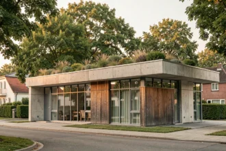 Maison moderne à toit plat avec terrasse végétalisée vue depuis la rue dans un quartier résidentiel