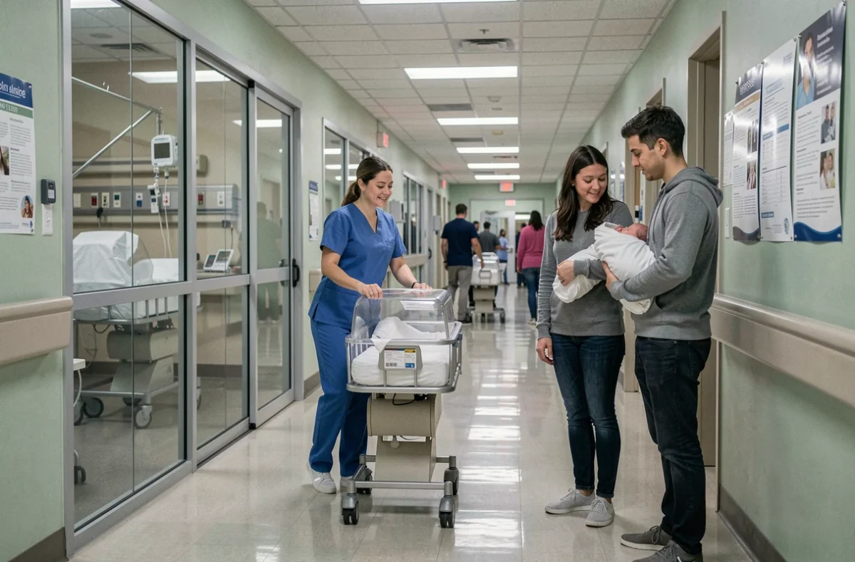 Couloir de maternité hospitalière illustrant la natalité lors des premières phases de la transition démographique