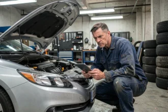 Mécanicien examinant le moteur d'une voiture hybride dans un garage automobile professionnel