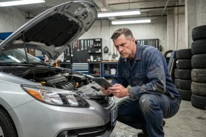 Mécanicien examinant le moteur d'une voiture hybride dans un garage automobile professionnel