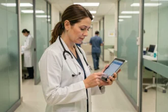 Médecin femme consultant des données de santé sur une tablette dans un couloir d'hôpital moderne