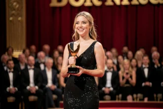 Jeune artiste féminine tenant un trophée doré lors d'une cérémonie de remise de prix musicaux 2026