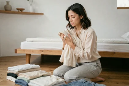 Femme pratiquant la méthode KonMari en tenant un vêtement contre elle pour ressentir la joie, assise sur un plancher en bois dans une chambre minimaliste