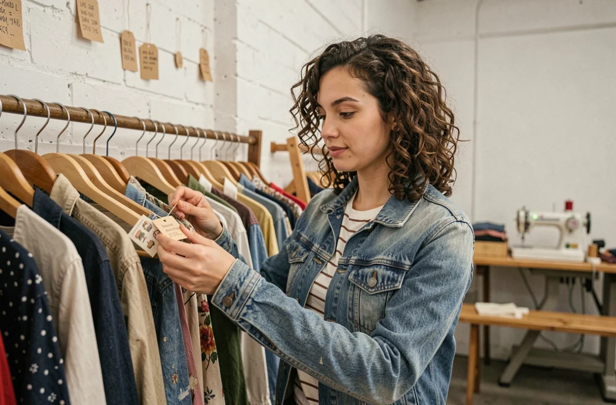 Jeune femme explorant des vêtements upcyclés dans une boutique de mode circulaire et durable