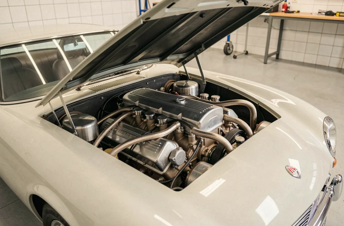 Moteur V12 monté dans le compartiment moteur d'une voiture de sport de luxe classique, cofre ouvert révélant les douze cylindres en V