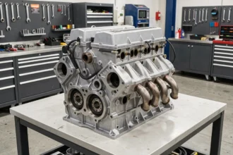 Moteur V8 exposé sur un établi de garage professionnel, montrant clairement la configuration en V à huit cylindres